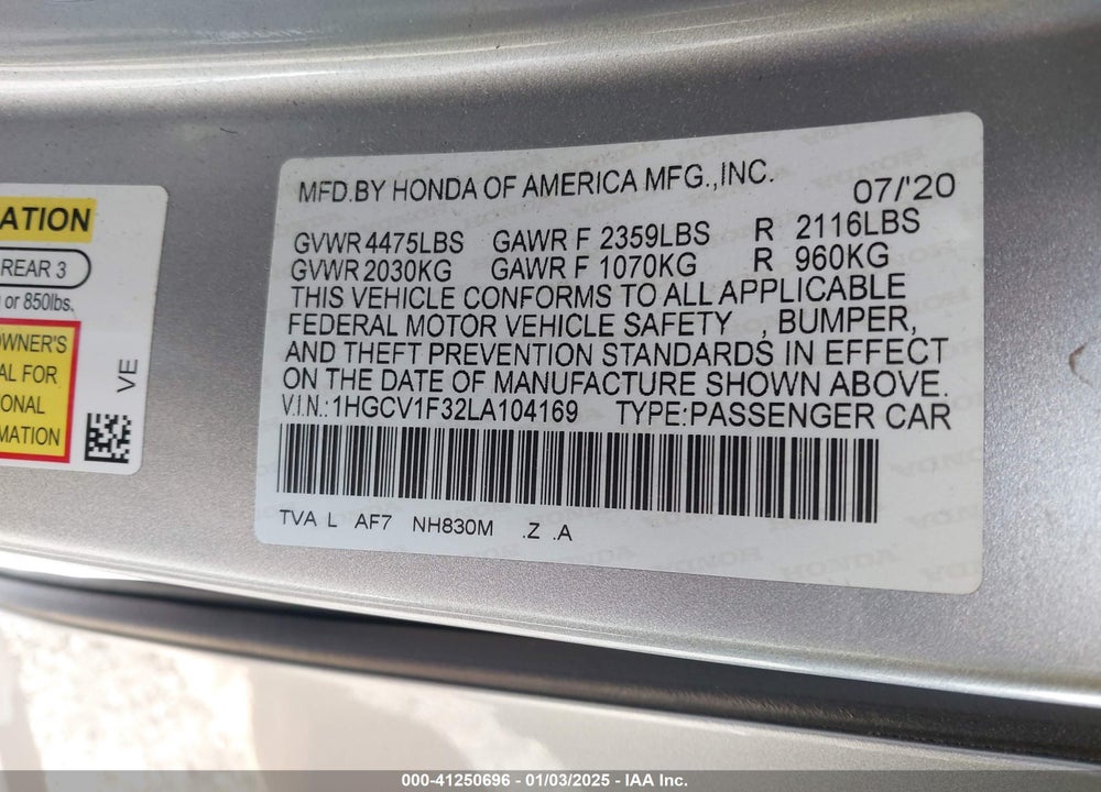 2020 HONDA ACCORD VIN: 1HGCV1F32LA104169