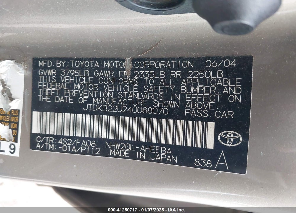 2004 TOYOTA PRIUS VIN: JTDKB22U240088070