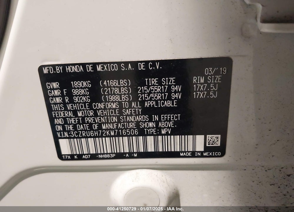 2019 HONDA HR-V EX-L VIN: 3CZRU6H72KM716506