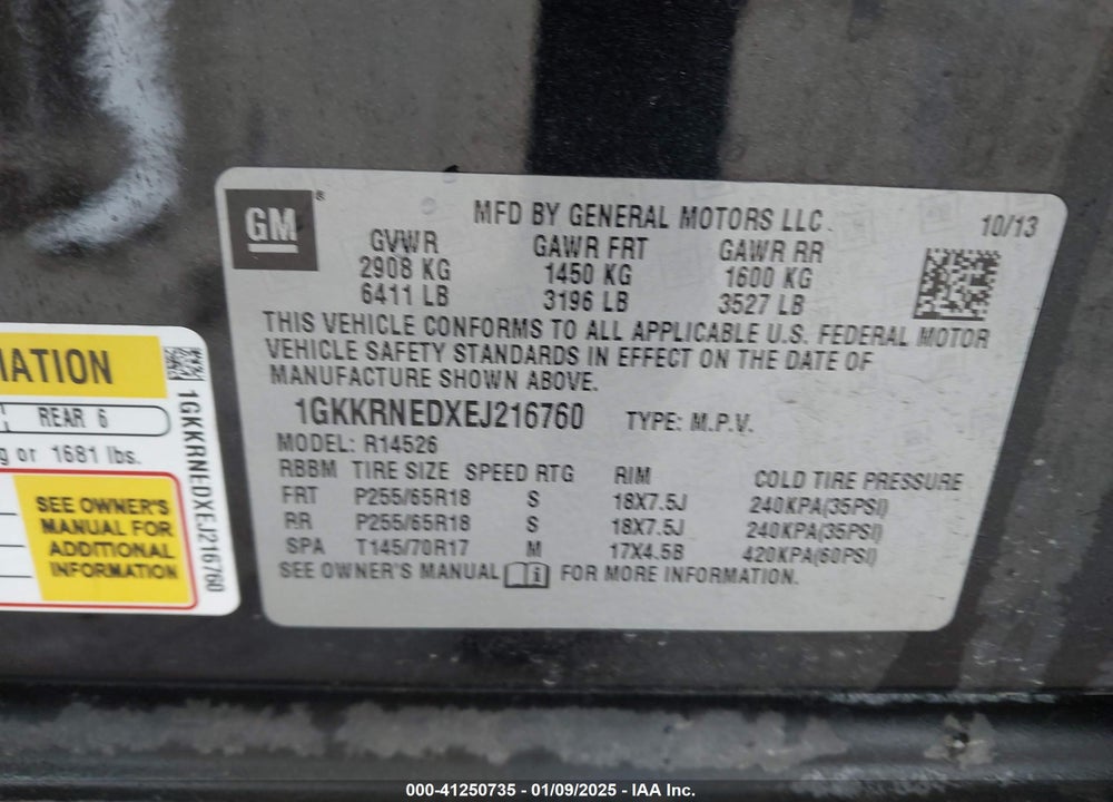 2014 GMC ACADIA SLE-1 VIN: 1GKKRNEDXEJ216760