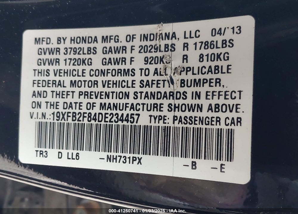 2013 HONDA CIVIC EX VIN: 19XFB2F84DE234457