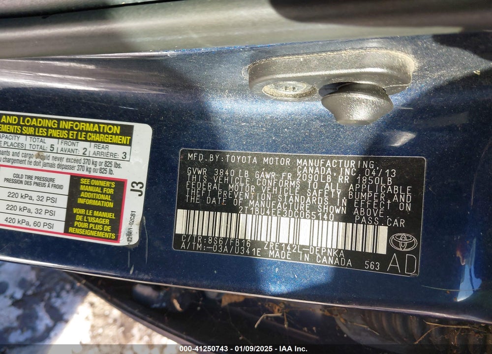 2013 TOYOTA COROLLA VIN: 2T1BU4EE3DC065140