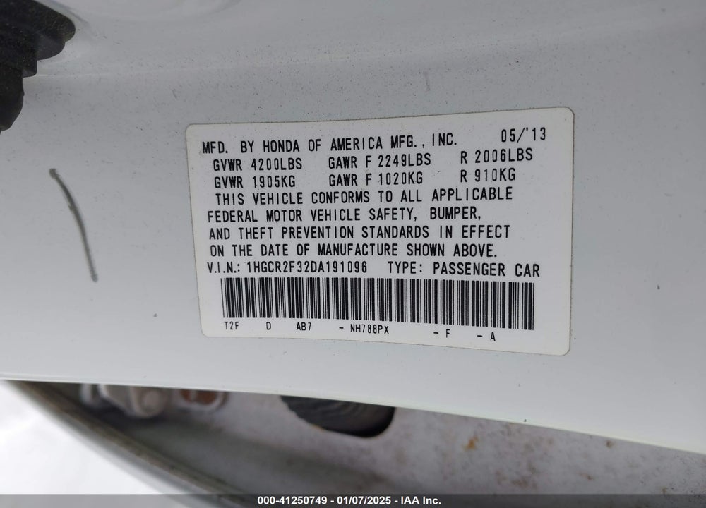 2013 HONDA ACCORD LX VIN: 1HGCR2F32DA191096