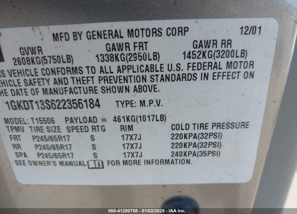 2002 GMC ENVOY SLT VIN: 1GKDT13S622356184