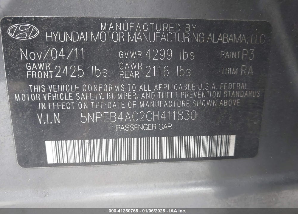 2012 HYUNDAI SONATA GLS VIN: 5NPEB4AC2CH411830