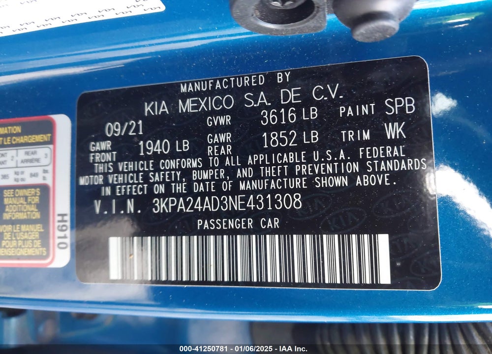 2022 KIA RIO S VIN: 3KPA24AD3NE431308