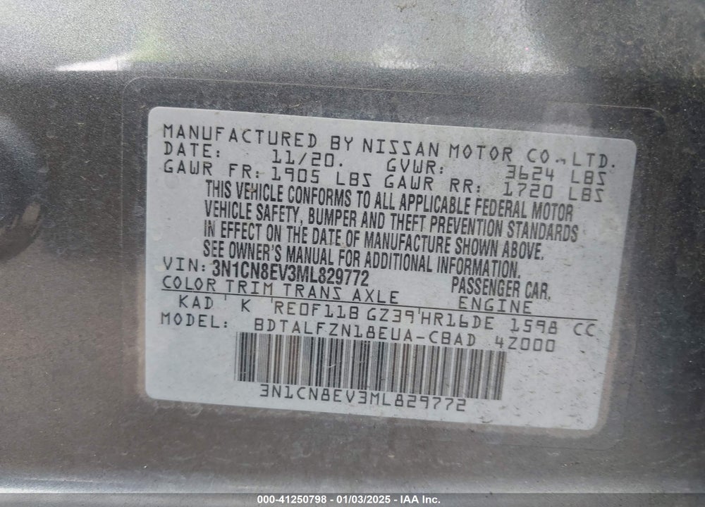 2021 NISSAN VERSA VIN: 3N1CN8EV3ML829772