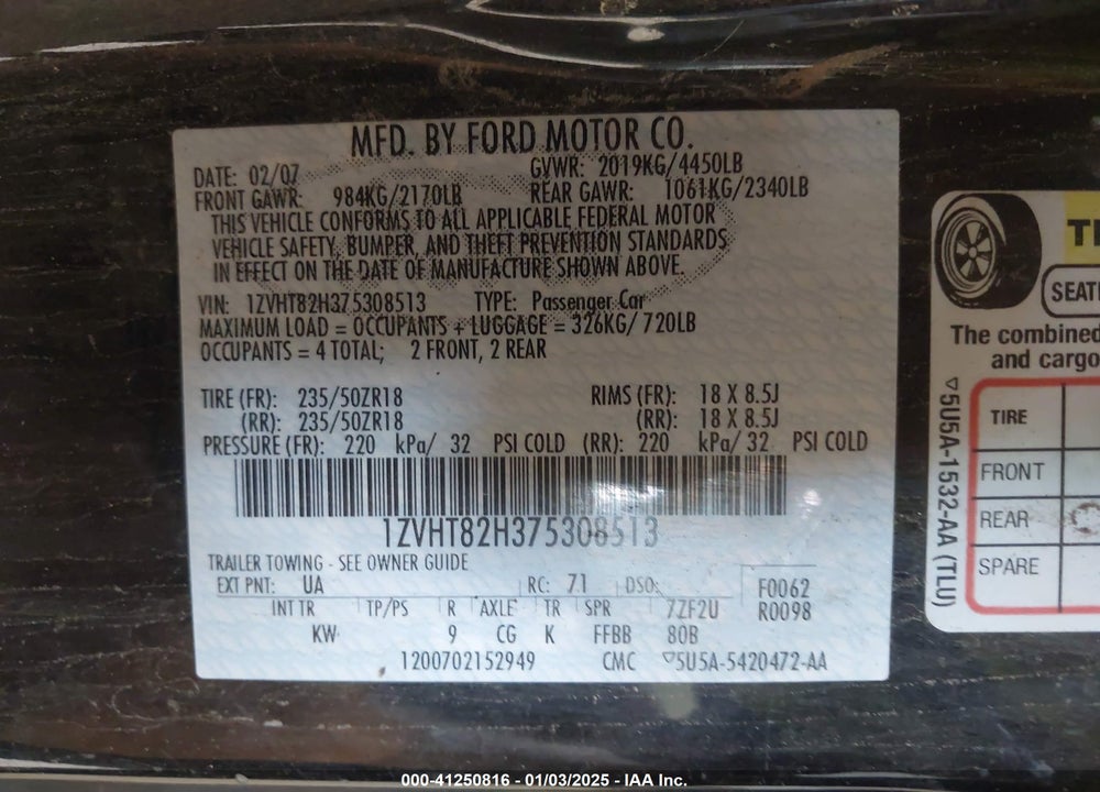 2007 FORD MUSTANG GT DELUXE/GT PREMIUM VIN: 1ZVHT82H375308513