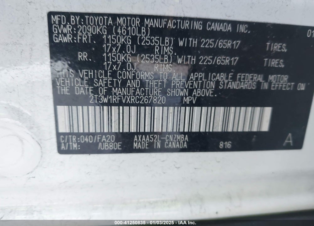 2024 TOYOTA RAV4 XLE VIN: 2T3W1RFVXRC267820