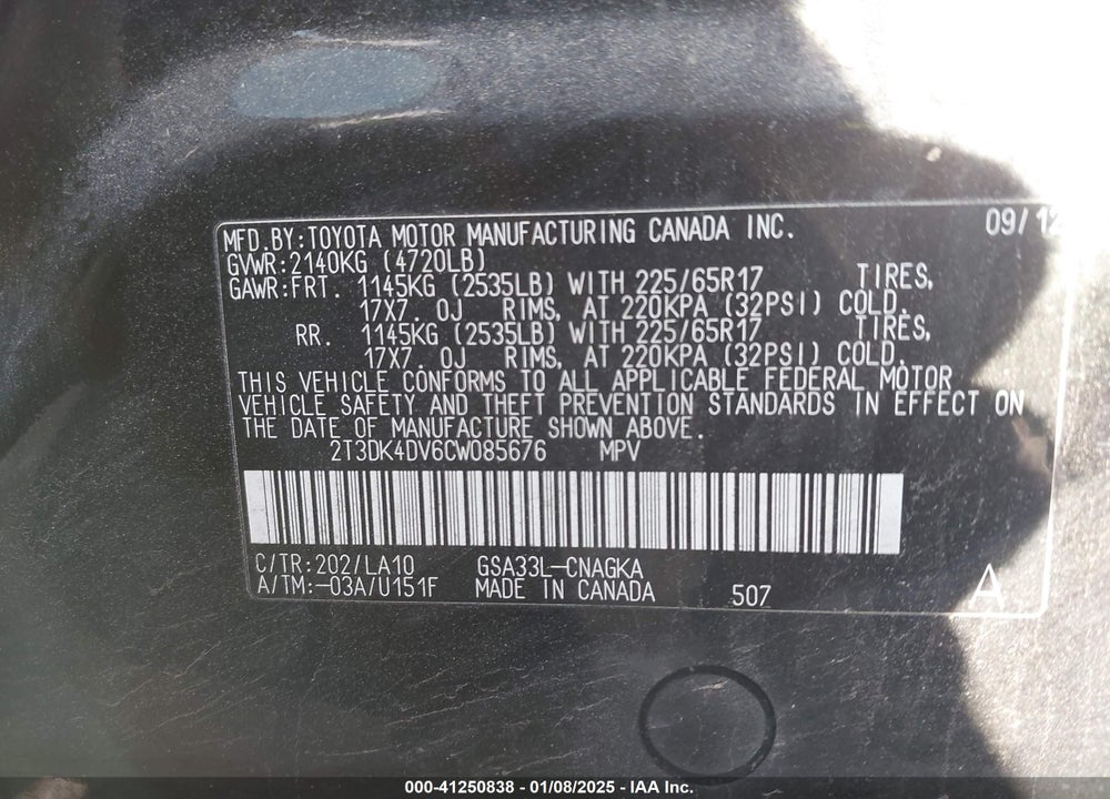 2012 TOYOTA RAV4 LIMITED V6 VIN: 2T3DK4DV6CW085676