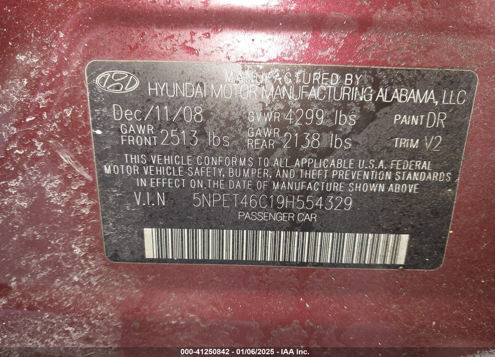 2009 HYUNDAI SONATA VIN: 5NPET46C19H554329