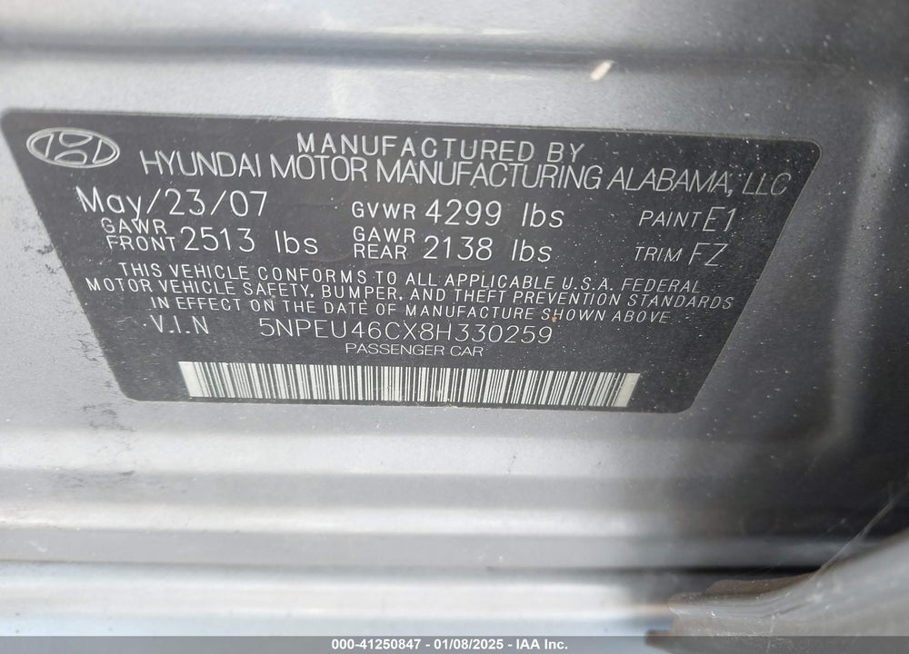 2008 HYUNDAI SONATA LIMITED/SE VIN: 5NPEU46CX8H330259