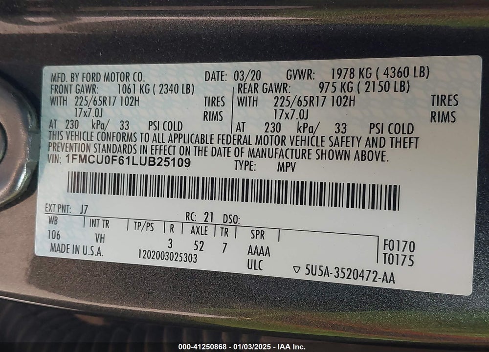 2020 FORD ESCAPE S VIN: 1FMCU0F61LUB25109