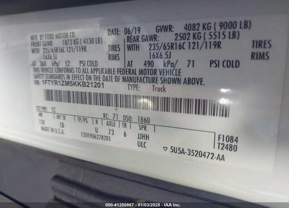 2019 FORD TRANSIT-250 VIN: 1FTYR1ZM5KKB21201