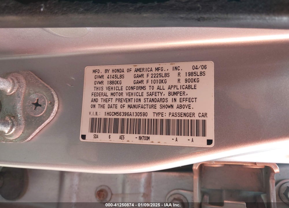 2006 HONDA ACCORD 2.4 SE VIN: 1HGCM56396A130590