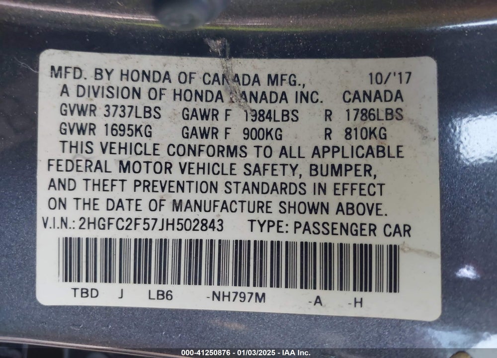 2018 HONDA CIVIC VIN: 2HGFC2F57JH502843
