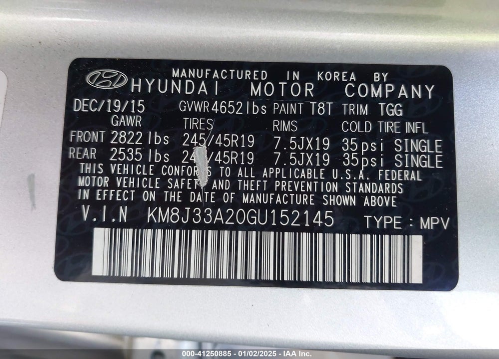 2016 HYUNDAI TUCSON VIN: KM8J33A20GU152145