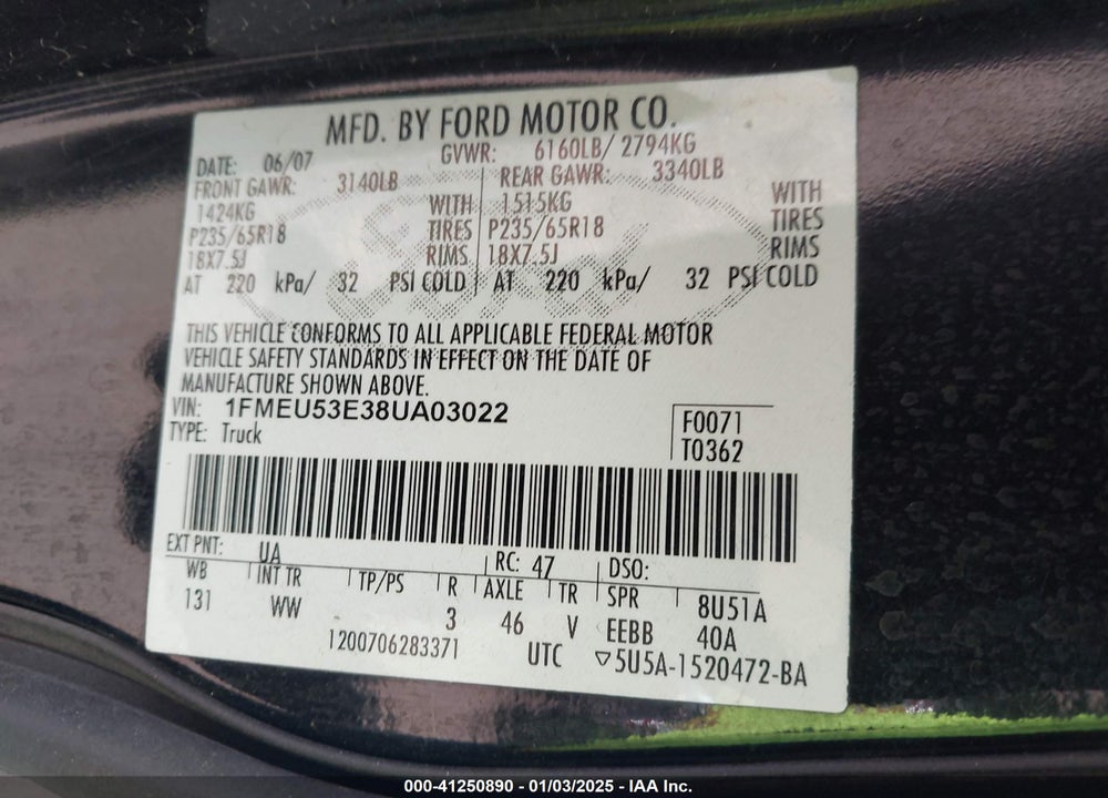 2008 FORD EXPLORER SPORT TRAC LIMITED VIN: 1FMEU53E38UA03022