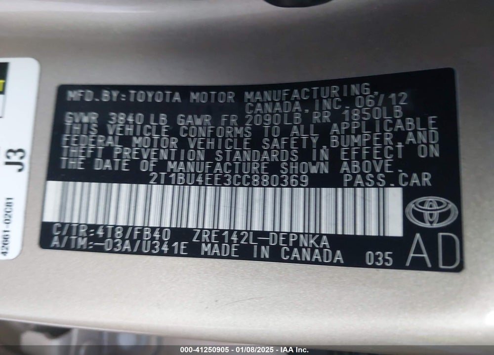 2012 TOYOTA COROLLA LE VIN: 2T1BU4EE3CC880369