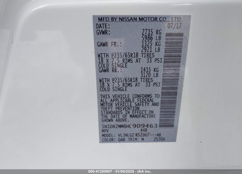 2017 NISSAN PATHFINDER SL VIN: 5N1DR2MM6HC909463
