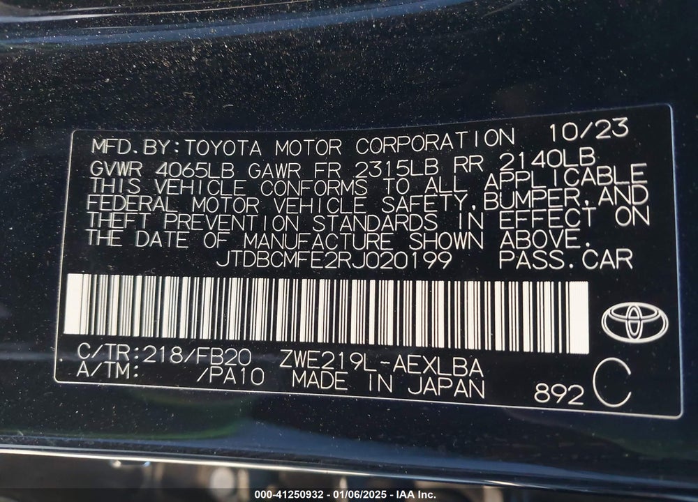 2024 TOYOTA COROLLA VIN: JTDBCMFE2RJ020199