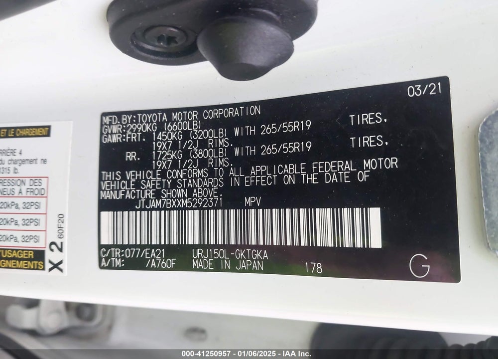 2021 LEXUS GX 460 VIN: JTJAM7BXXM5292371