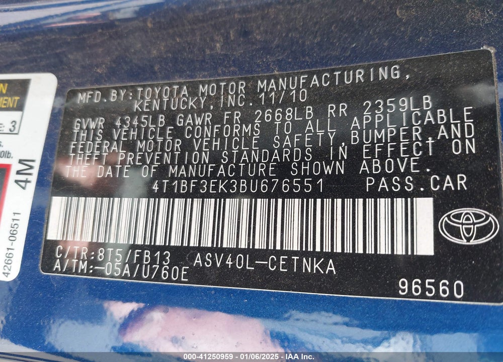2011 TOYOTA CAMRY LE VIN: 4T1BF3EK3BU676551