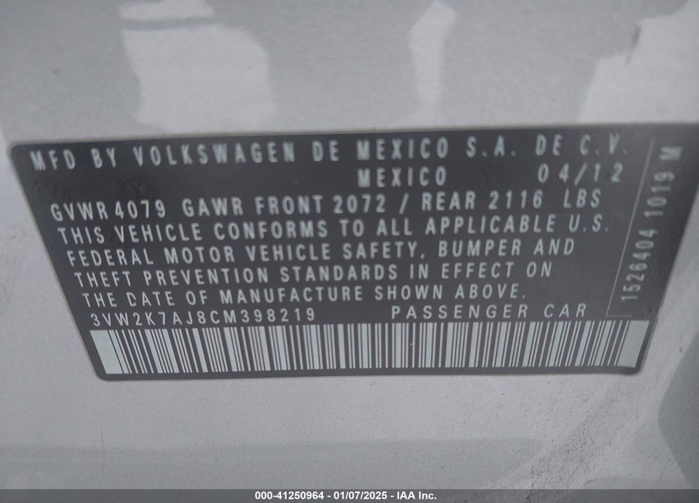 2012 VOLKSWAGEN JETTA 2.0L S VIN: 3VW2K7AJ8CM398219