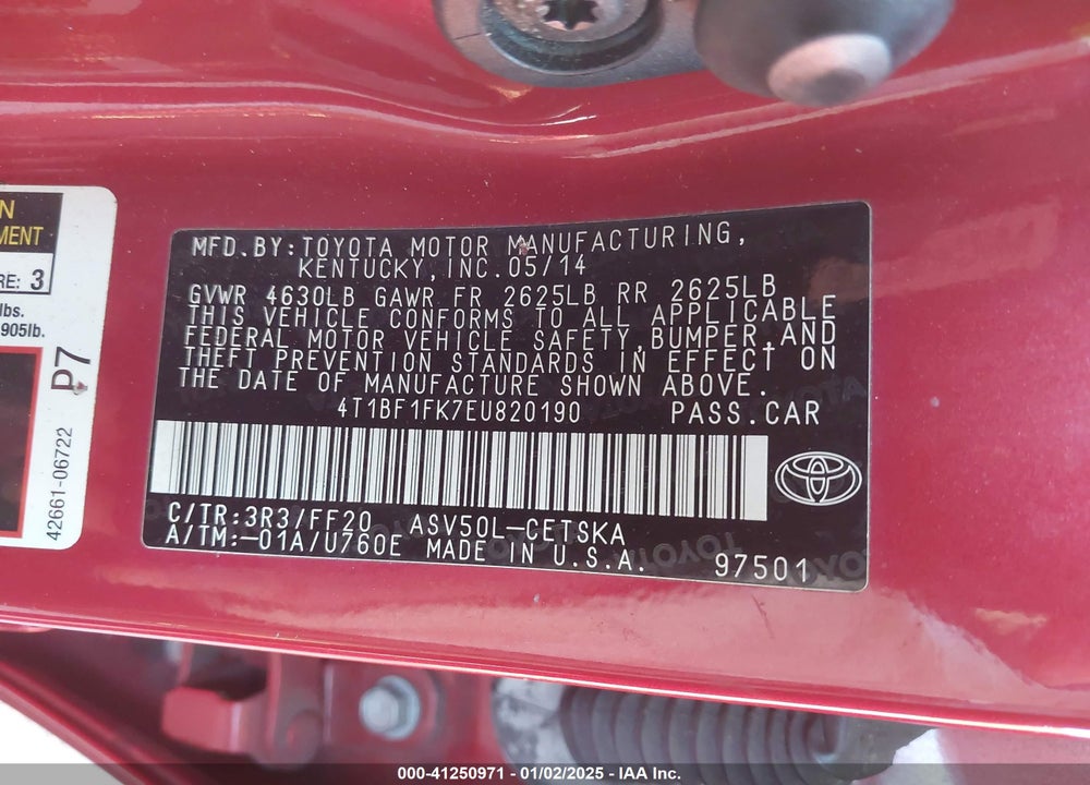 2014 TOYOTA CAMRY VIN: 4T1BF1FK7EU820190