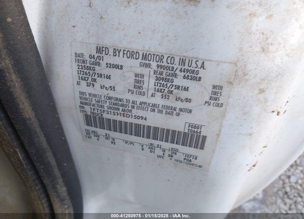 2001 FORD F 350 VIN: 1FTSF31S11ED15094