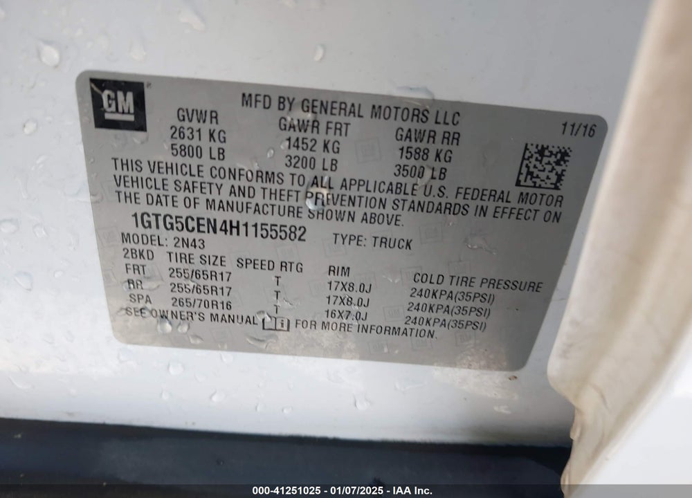 2017 GMC CANYON SLE VIN: 1GTG5CEN4H1155582