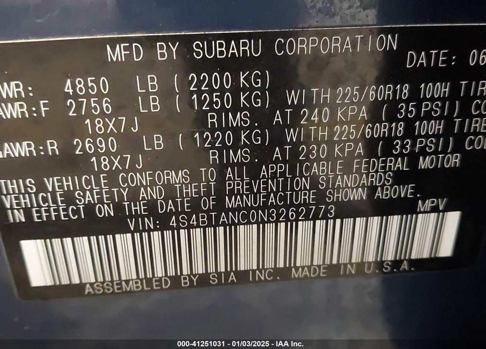 2022 SUBARU OUTBACK LIMITED VIN: 4S4BTANC0N3262773