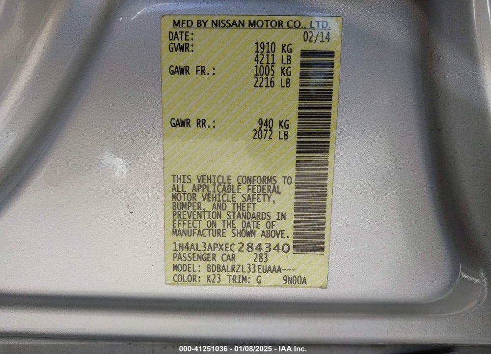 2014 NISSAN ALTIMA 2.5/2.5 S/2.5 SL/2.5 SV VIN: 1N4AL3APXEC284340