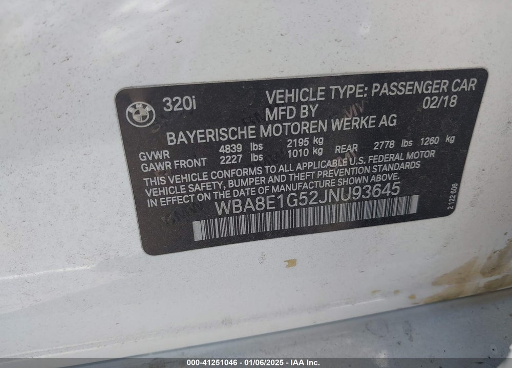 2018 BMW 320I VIN: WBA8E1G52JNU93645