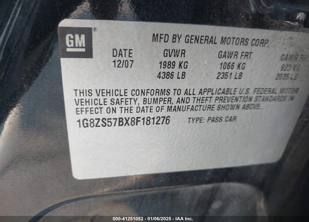 2008 SATURN AURA VIN: 1G8ZS57BX8F181276
