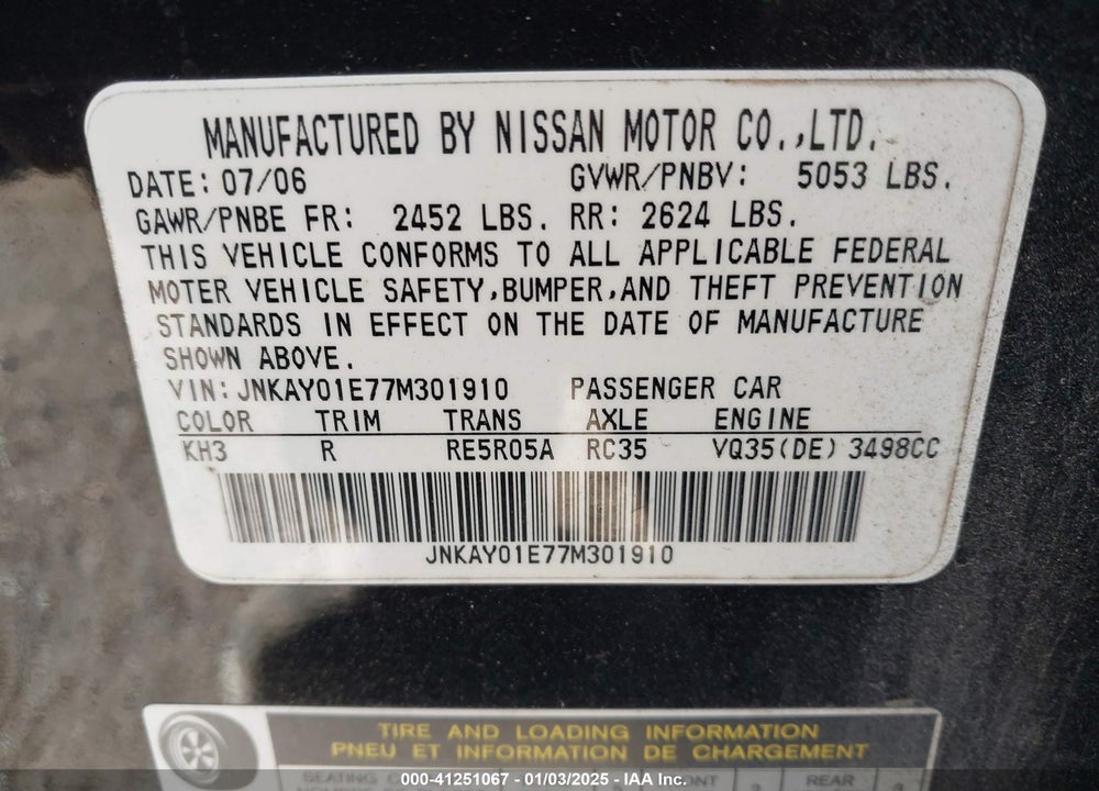 2007 INFINITI M35 VIN: JNKAY01E77M301910