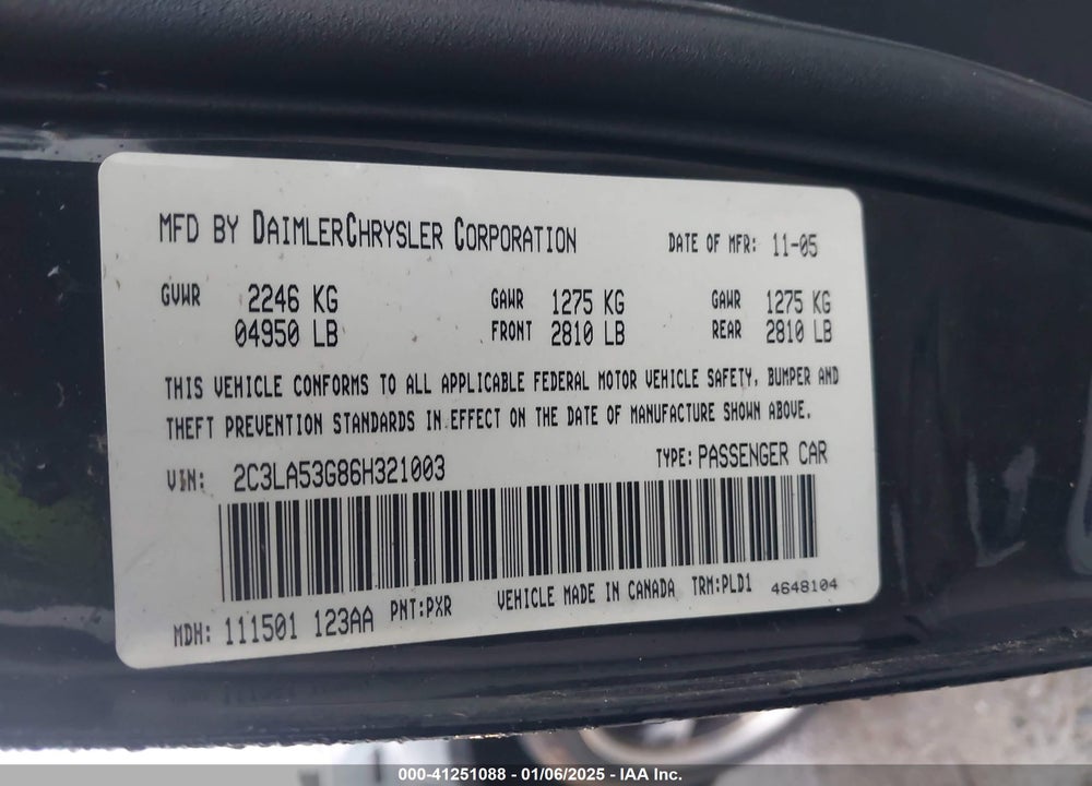2006 CHRYSLER 300 TOURING VIN: 2C3LA53G86H321003