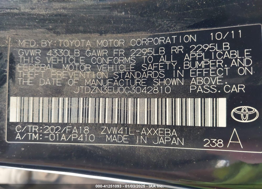 2012 TOYOTA PRIUS V VIN: JTDZN3EU0C3042810
