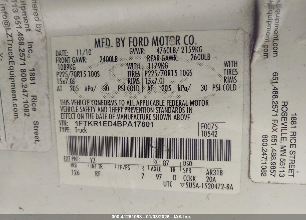 2011 FORD RANGER XL VIN: 1FTKR1ED4BPA17801