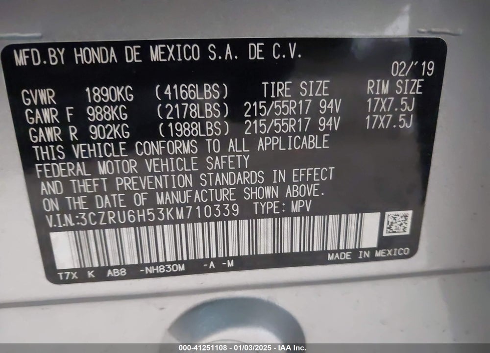 2019 HONDA HR-V EX VIN: 3CZRU6H53KM710339