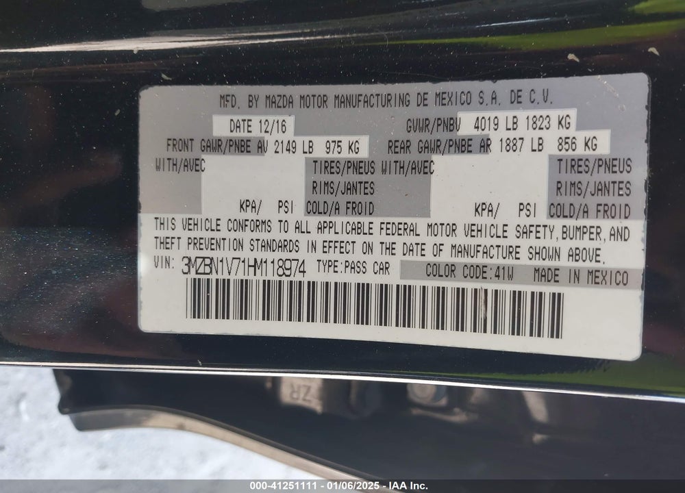 2017 MAZDA 3 TOURING VIN: 3MZBN1V71HM118974
