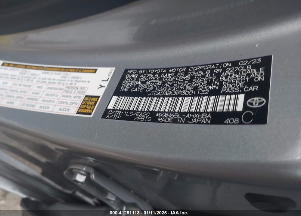2023 TOYOTA PRIUS VIN: JTDADABUXP3001132