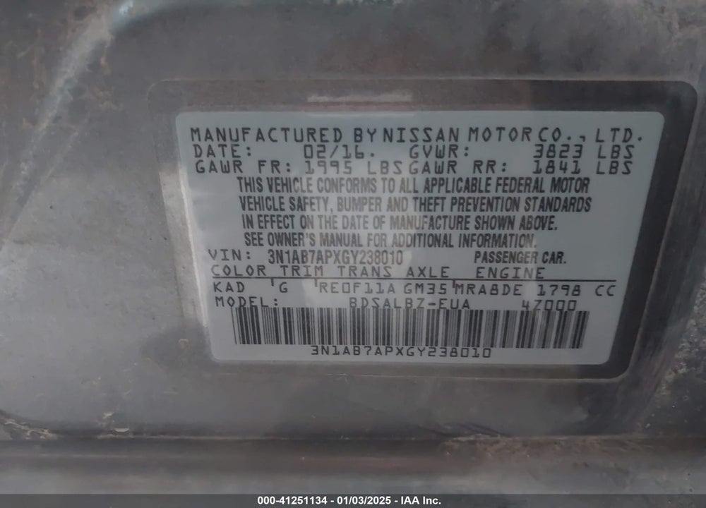 2016 NISSAN SENTRA S VIN: 3N1AB7APXGY238010