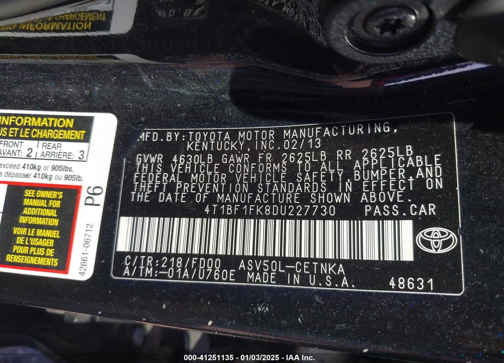 2013 TOYOTA CAMRY LE VIN: 4T1BF1FK8DU227730