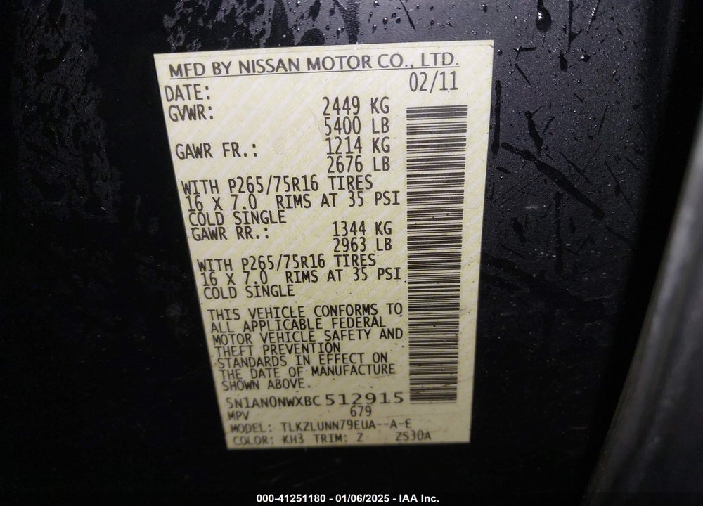 2011 NISSAN XTERRA PRO - 4X VIN: 5N1AN0NWXBC512915