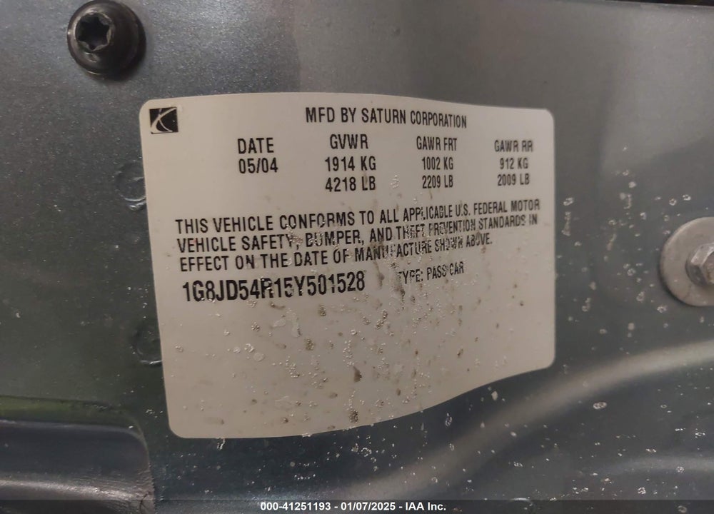 2005 SATURN L300 VIN: 1G8JD54R15Y501528