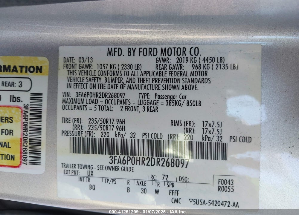 2013 FORD FUSION VIN: 3FA6P0HR2DR268097