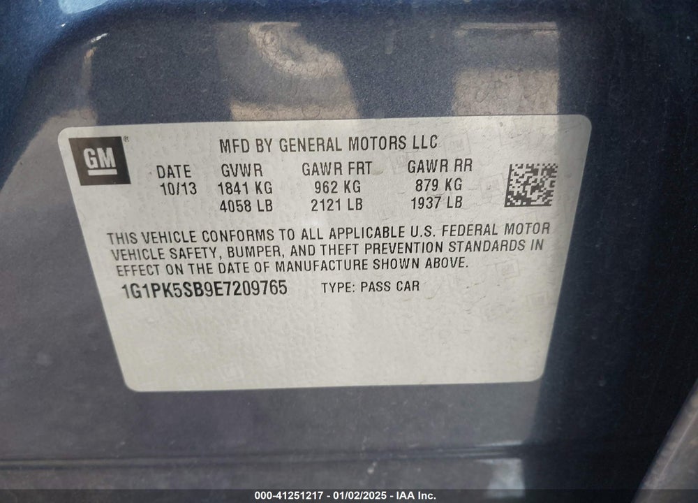 2014 CHEVROLET CRUZE LT VIN: 1G1PK5SB9E7209765