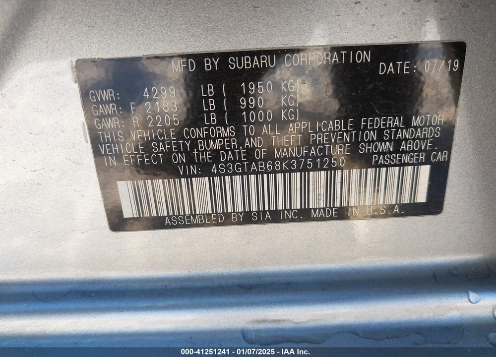 2019 SUBARU IMPREZA VIN: 4S3GTAB68K3751250