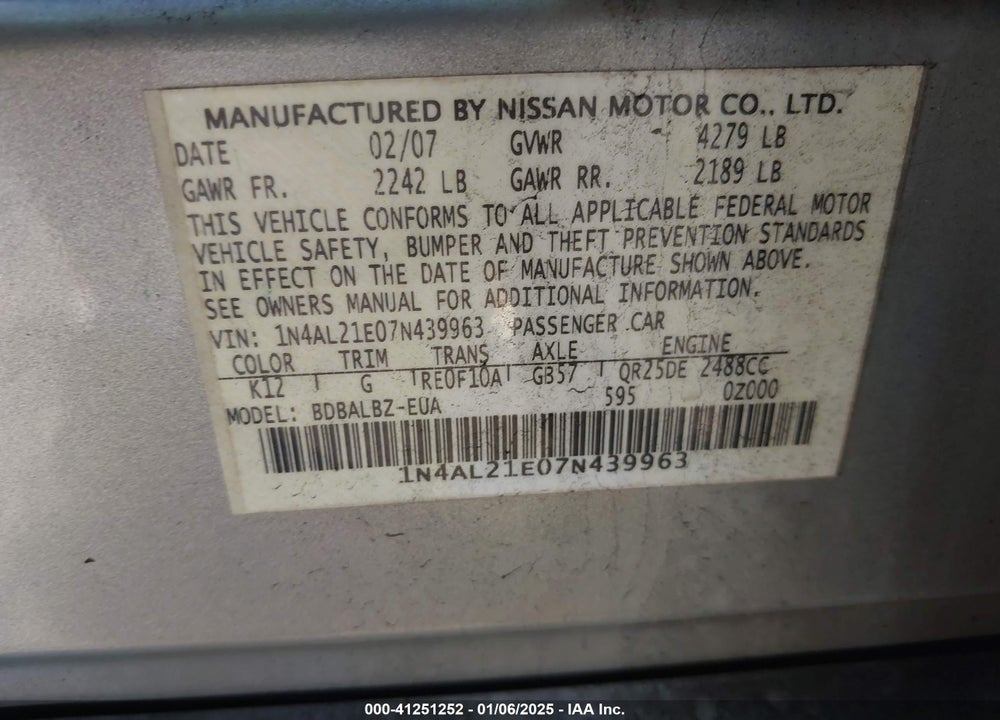 2007 NISSAN ALTIMA 2.5 S VIN: 1N4AL21E07N439963